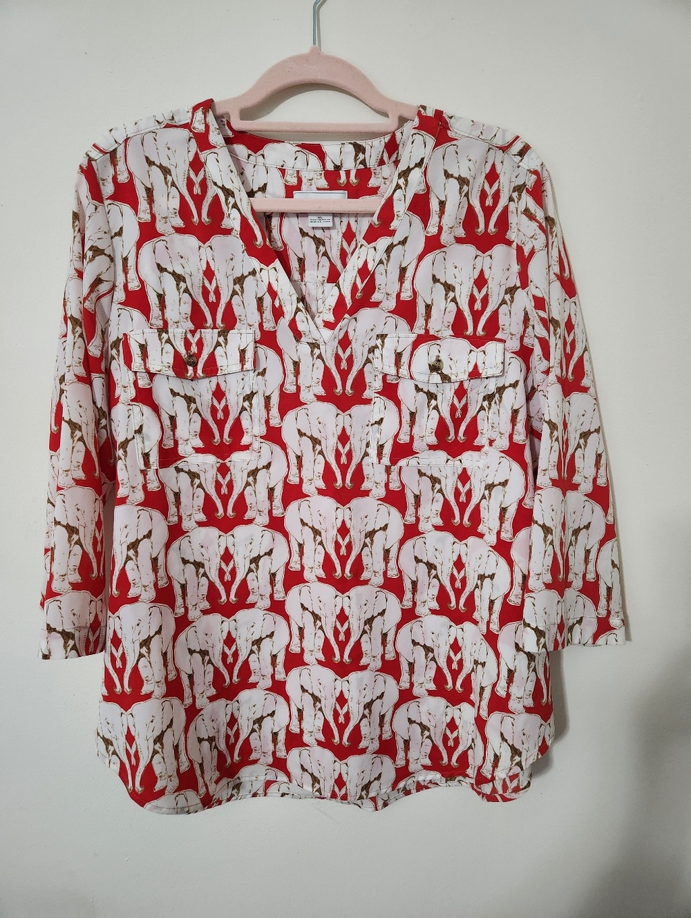 Liz Claiborne Red Blouse with White Elephant Print XL